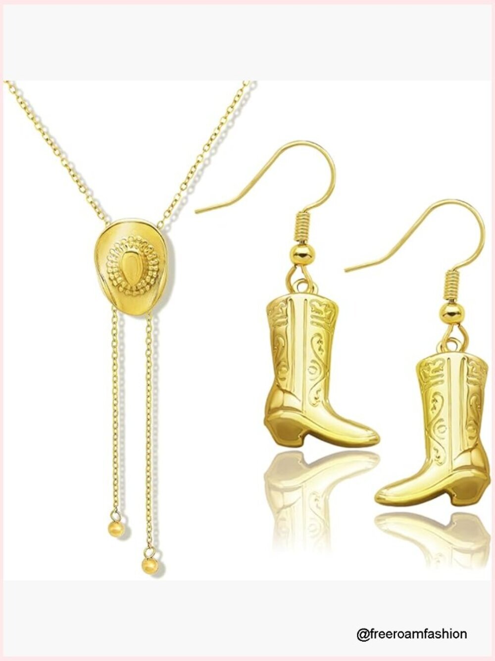 18k Gold Plated Cowgirl Hat Necklace Earring Set Western Bolo Tie